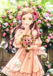  1girl artist_name bare_shoulders braid briska brown_hair bubble collarbone detached_sleeves dress eyebrows flower green_eyes hair_flower hair_ornament holding holding_flower long_hair looking_at_viewer open_mouth original petals signature solo 