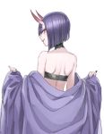  1girl bangs bare_shoulders black_nails blunt_bangs blush collar eyeshadow fate/grand_order fate_(series) looking_back makeup nail_polish nakuta oni_horns open_clothes parted_lips profile purple_hair seductive_smile short_hair shoulder_blades shuten_douji_(fate/grand_order) simple_background smile solo strapless tubetop undressing upper_body violet_eyes white_background 