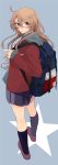  1girl :/ ahoge alternate_costume backpack bag bespectacled blush brown_hair casual commentary contemporary freckles glasses grey_background highres hita_(hitapita) holding_strap hood hooded_jacket iowa_(kantai_collection) jacket kantai_collection kneehighs long_hair looking_at_viewer looking_back pleated_skirt purple_skirt raised_eyebrow red_jacket shoes skirt solo standing star violet_eyes 