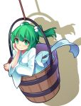  1girl bangs blunt_bangs blush bow bucket closed_mouth eyebrows_visible_through_hair green_eyes green_hair hair_bobbles hair_ornament hand_on_own_cheek in_bucket in_container japanese_clothes kimono kisume koxo-01 long_sleeves short_hair silhouette smile solo tareme touhou two_side_up white_bow white_kimono wide_sleeves wooden_bucket 