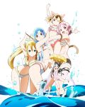  5girls :d ;) absurdres arm_up asuna_(sword_art_online) bikini bikini_skirt black_hair black_shorts blonde_hair blue_eyes blue_hair blyue_flower breast_press breasts brown_hair casual_one-piece_swimsuit cat_tail cleavage eyebrows_visible_through_hair flat_chest floating_hair flower green_eyes hair_flower hair_ornament hairclip high_ponytail highres holding holding_innertube innertube kirigaya_suguha large_breasts leafa lisbeth long_hair looking_at_viewer medium_breasts multiple_girls navel one-piece_swimsuit one_eye_closed open_mouth outstretched_arm pina pink_bikini pink_hair pointy_ears red_eyes short_hair short_shorts shorts sideboob silica simple_background skirt smil smile standing striped striped_bikini swimsuit sword_art_online sword_art_online_ii tail twintails underwear very_long_hair wading white_background white_bikini white_skirt yui_(sword_art_online) 