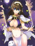  1girl armlet artist_name ashita_(2010) bangs black_hair blue_eyes bracelet breasts cleavage cleavage_cutout collar commentary_request earrings fireflies full_moon hair_between_eyes hairband idolmaster idolmaster_cinderella_girls jewelry large_breasts loincloth long_hair moon navel night open_mouth pillar sagisawa_fumika signature smile solo thighs waist waist_cape wrist_cuffs 