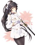  1girl aiguillette azur_lane bangs black_hair black_legwear blunt_bangs blush bow breasts brown_eyes buttons double-breasted eyebrows_visible_through_hair gloves gudon_(iukhzl) hair_bow hair_flaps half_gloves holding holding_sword holding_weapon katana large_breasts long_hair looking_at_viewer medal military military_uniform pantyhose parted_lips pleated_skirt ponytail sidelocks skirt solo sword takao_(azur_lane) thighband_pantyhose uniform very_long_hair weapon white_bow white_gloves 