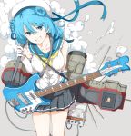  1girl amplifier bass_guitar blue_eyes blue_hair breasts collarbone commentary_request double_bun elbow_gloves gloves grey_background grin guitar hat instrument kantai_collection long_hair looking_at_viewer medium_breasts ninimo_nimo pleated_skirt rickenbacker sailor_hat scarf school_uniform serafuku simple_background skirt sleeves_rolled_up smile smoke solo urakaze_(kantai_collection) white_gloves 