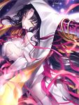  1girl bare_shoulders black_hair blush breast_hold breasts detached_sleeves facial_mark fate/extra fate/extra_ccc fate/grand_order fate_(series) forehead_mark gradient_hair horns kousaki_rui large_breasts long_hair long_sleeves mouth_hold multicolored_hair pink_hair pink_ribbon revealing_clothes ribbon ribbon_in_mouth sesshouin_kiara veil yellow_eyes 