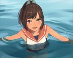  1girl blurry brown_eyes brown_hair commentary depth_of_field hair_ribbon i-401_(kantai_collection) in_water kantai_collection open_mouth partially_submerged ponytail ribbon sailor_collar school_swimsuit school_uniform solo swimsuit swimsuit_under_clothes water youmak 