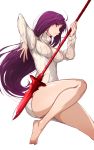  1girl ass barefoot bottomless erect_nipples fate/grand_order fate_(series) long_hair polearm purple_hair scathach_(fate/grand_order) simple_background solo spear tokiwa_mmm turtleneck violet_eyes weapon white_background 