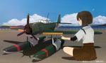  1girl aircraft airplane annin_musou blue_sky bodysuit_under_clothes brown_eyes brown_hair clouds commentary_request hyuuga_(kantai_collection) japanese_clothes kantai_collection mountain ocean propeller seaplane shadow short_hair short_sleeves sitting sitting_on_ground skirt sky smile solo translation_request zuiun_(kantai_collection) 