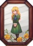  1girl blonde_hair blue_eyes christon-clivef dress flower green_dress hands_together highres ib long_hair mary_(ib) painting_(object) portrait rose smile solo standing thorns 
