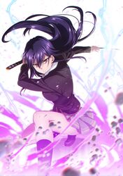  1girl black_hair brown_eyes fighting_stance highres long_hair looking_at_viewer mole mole_under_eye original puma_(hyuma1219) school_uniform solo sword weapon 