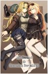  2girls ;( beret black_legwear black_panties blonde_hair breasts brown_eyes cleavage f_and_d girls_frontline green_eyes hat hat_removed headwear_removed highres korean legs lying m1918_bar_(girls_frontline) m1_garand_(girls_frontline) multiple_girls on_back panties panties_around_leg pantyhose paper pen skirt sunglasses sunglasses_on_head table tagme thigh-highs torn_clothes torn_pantyhose underwear uniform white_legwear 