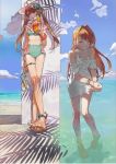  2girls ahoge barefoot closed_eyes clouds dress eiyuu_densetsu estelle_bright feet feet_together highres long_hair long_legs looking_to_the_side multiple_girls nail_polish nishihara_isao ocean orange_hair red_eyes see-through shadow sky smile sora_no_kiseki swimsuit toes twintails water wet wet_clothes white_dress 
