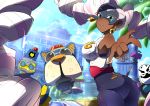  1girl arms_(game) ass bare_shoulders barq breasts byte character_request dark_skin drill_hair earrings green_eyes jewelry kid_cobra kiwa_(pokemonwars) lips long_hair looking_at_viewer mask medium_breasts pink_hair smile thick_thighs thighs twin_drills twintelle_(arms) very_long_hair 