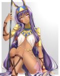  1girl bracelet dark_skin earrings egyptian egyptian_clothes facial_mark fate/grand_order fate_(series) hairband head_tilt hoop_earrings jewelry long_hair looking_at_viewer nitocris_(fate/grand_order) orii_(orii_i) purple_hair sidelocks sitting solo staff very_long_hair violet_eyes 