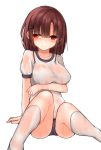  1girl brown_hair buruma character_request commentary_request hair_ornament hairband hand_on_own_chest kneehighs looking_away mizushina_minato no_bra red_eyes school_uniform shirt short_hair short_sleeves simple_background sitting solo underwear wet wet_clothes wet_shirt white_background white_legwear 