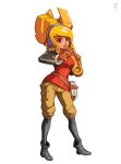  1girl ankle_boots belt black_legwear blonde_hair blush_stickers boots breasts brown_eyes culottes ear_protection full_body gun half_updo handgun headphones holster huge_weapon joakim_sandberg lips long_hair medium_breasts nose pauldrons pistol robin_(the_iconoclasts) smile solo the_iconoclasts v weapon white_background wrench 