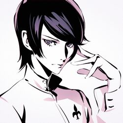  1boy black_hair ilya_kuvshinov kitagawa_yuusuke looking_at_viewer monochrome persona persona_5 solo upper_body 