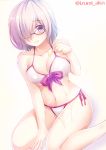  1girl alternate_costume bikini blush breasts closed_mouth fate/grand_order fate_(series) glasses hair_over_one_eye izumi_akane kneeling large_breasts lips looking_at_viewer navel panties pink_hair shielder_(fate/grand_order) short_hair side-tie_panties simple_background solo strap_pull swimsuit twitter_username underwear violet_eyes white_background white_bikini 