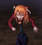  1girl aiming blood blood_stain bloody_nose bruise cracked_dirt crawling dirty_clothes dirty_face downblouse dried_blood field fog grass gun gunsight handgun holding holding_gun holding_weapon injury jpeg_artifacts nekozame night orange_eyes orange_hair pistol pointing_weapon pov school_uniform solo_focus tears weapon weapon_request zombie 