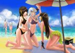  5girls :d absurdres alternate_costume bangs beach bikini black_bikini black_hair blunt_bangs blush breasts brown_eyes cleavage clouds cloudy_sky collarbone commentary_request embarrassed eyepatch girls_frontline green_bikini green_eyes hairband highres hk416_(girls_frontline) holding_arm jpeg_artifacts leris_muma long_hair looking_at_another looking_away m16a1_(girls_frontline) m4_sopmod_ii_(girls_frontline) m4a1_(girls_frontline) meidum_breasts midriff multicolored_hair multiple_girls navel ocean open_mouth outdoors pink_bikini pink_hair pointy_ears purple_bikini sarong scarf shiny shiny_skin side-tie_bikini silver_hair sky smile st_ar-15_(girls_frontline) starbucks starbucks_siren streaked_hair swimsuit towel umbrella volleyball wet wrist_grab yuri 