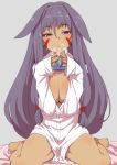  1girl animal_ears bare_legs barefoot breasts clearite cleavage cup dark_skin eyebrows_visible_through_hair eyeliner facial_mark fate/grand_order fate_(series) flipped_hair grey_background hair_between_eyes hair_ornament large_breasts looking_at_viewer makeup mug naked_shirt nitocris_(fate/grand_order) pink_eyes purple_hair shirt simple_background sitting sleeves_past_wrists solo steam thighs unbuttoned unbuttoned_shirt wariza 