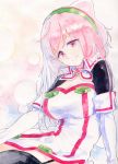  1girl blush breasts cleavage colored_pencil_(medium) gloves hacka_doll hacka_doll_2 highres large_breasts long_hair looking_at_viewer moko-oxygen pink_eyes pink_hair smile solo thigh-highs traditional_media watercolor_(medium) 