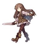  1girl bangs brown_eyes brown_hair dress gloves long_hair long_sleeves pants sawayaka_samehada smile solo sword swordsman_(tree_of_savior) tagme tree_of_savior vest weapon 