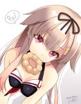  1girl at-yui black_bow black_ribbon black_swimsuit blonde_hair bow doughnut food food_in_mouth grey_background hair_flaps hair_ornament hair_ribbon hairclip kantai_collection looking_at_viewer mouth_hold poi pon_de_ring red_eyes remodel_(kantai_collection) ribbon signature simple_background solo speech_bubble straight_hair swimsuit twitter_username yuudachi_(kantai_collection) 