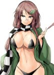  1girl bikini black_bikini breasts brown_eyes brown_hair checkered_scarf cleavage closed_mouth commentary_request cowboy_shot futatsuiwa_mamizou futatsuiwa_mamizou_(human) glasses highres japanese_clothes kiseru large_breasts leaf leaf_on_head long_hair long_sleeves looking_at_viewer open_clothes pince-nez pipe scarf side-tie_bikini smile solo swimsuit touhou wide_sleeves y2 