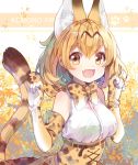  1girl animal_ears blonde_hair bow bowtie chocho_(homelessfox) elbow_gloves fang gloves kemono_friends looking_at_viewer open_mouth paw_print serval_(kemono_friends) serval_ears serval_print serval_tail short_hair solo striped_tail tail yellow_eyes 