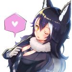  1girl animal_ears between_breasts bibiko black_hair blue_eyes blush breasts cleavage fang fur_collar gloves grey_wolf_(kemono_friends) heart kemono_friends large_breasts long_hair long_sleeves looking_at_viewer multicolored_hair necktie necktie_between_breasts one_eye_closed open_mouth signature simple_background solo speech_bubble two-tone_hair white_background wolf_ears 