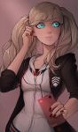  1girl artist_name black_jacket blonde_hair blue_eyes cellphone closed_mouth hair_ornament hairclip headphones highres holding holding_phone jacket layered_clothing long_hair matilda_vin nail_polish open_clothes open_jacket persona persona_5 phone red_nails smartphone solo takamaki_anne twintails white_jacket zipper zipper_pull_tab 