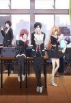  2boys 3girls absurdres arm_support black_dress black_hair black_jacket black_legwear black_pants blue_hair bow bowtie chaos;child dress full_body glasses hand_in_pocket headphones highres holding holding_pen indoors itou_shinji jacket kazuki_hana kurusu_nono light_brown_hair long_hair looking_back miyashiro_takuru multiple_boys multiple_girls necktie onoe_serika pants parted_lips pink_hair red_bow red_bowtie red_necktie school school_uniform shirt short_dress short_hair short_hair_with_long_locks sidelocks sitting standing thigh-highs very_long_hair white_shirt zettai_ryouiki 