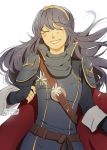  1girl blue_hair blush darkgreyclouds fire_emblem fire_emblem:_kakusei flower long_hair lucina smile solo white_background 