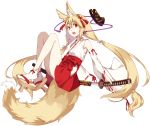 1girl blonde_hair detached_sleeves fox_mask fox_tail japanese_clothes katana kimura_(ykimu) long_hair looking_at_viewer mask miko original red_eyes ribbon-trimmed_sleeves ribbon_trim simple_background solo sword tail weapon wide_sleeves 