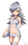  1girl artist_name asymmetrical_bangs babydoll bangs breasts cat_band_legwear center_opening closers cowboy_shot dated eyebrows_visible_through_hair frills grey_legwear grey_panties hand_on_own_chest hand_up highres hips lingerie long_hair looking_at_viewer navel orange_eyes panties parted_lips paw_cutout ponytail side-tie_panties silver_hair simple_background small_breasts solo surps thigh-highs thighs tina_(closers) underwear white_background 
