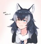  1girl :3 animal_ears black_hair blue_eyes blush breasts collarbone fang fur_collar gloves graphite_(medium) grey_wolf_(kemono_friends) heart heterochromia kemono_friends korean long_hair long_sleeves looking_at_viewer mechanical_pencil multicolored_hair necktie pencil selby solo traditional_media two-tone_hair wolf_ears yellow_eyes 