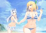  2girls alternate_costume animal_ears beach bikini blonde_hair blue_eyes blurry blush bow breasts cleavage commentary_request depth_of_field eyebrows_visible_through_hair floral_print forest goruva green_bow green_eyes groin hair_bow hair_ornament hairband hairclip highres large_breasts long_hair looking_at_another medium_breasts midriff multiple_girls nature navel ocean open_mouth outdoors palm_tree rokudenashi_majutsu_koushi_to_akashic_record rumia_tingel running sarong short_hair silver_hair sistine_fiber sky striped striped_bikini swimsuit thigh_gap thighs tree white_swimsuit 