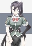  1girl black_gloves black_hair breasts chikuma_(kantai_collection) chikuma_(kantai_collection)_(cosplay) collar cosplay embarrassed epaulettes gloves green_jacket grey_eyes hand_on_hip jacket kantai_collection long_hair looking_at_viewer nachi_(kantai_collection) remodel_(kantai_collection) short_sleeves side_ponytail single_glove solo souji two-tone_background very_long_hair 