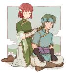  1boy 1girl ^_^ ^o^ black_gloves blush boots braid braiding_hair breasts closed_eyes dress fingerless_gloves fire_emblem fire_emblem:_rekka_no_ken full_body gloves green_eyes green_hair guy_(fire_emblem) hairdressing hand_in_another&#039;s_hair headband indian_style kneeling long_hair looking_at_another looking_back noshima open_mouth pants ponytail priscilla_(fire_emblem) redhead sash shirt short_hair sitting smile white_gloves wing_hair_ornament 