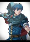  1boy blue_eyes blue_hair cape falchion_(fire_emblem) fire_emblem fire_emblem:_mystery_of_the_emblem fire_emblem_heroes gloves highres kometubu0712 looking_at_viewer male_focus marth short_hair solo sword tiara weapon 