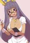  1girl alternate_costume black-framed_eyewear blush breasts choker clearite cleavage dark_skin earrings facial_mark fate/grand_order fate_(series) glasses hair_between_eyes hat hoop_earrings jewelry large_breasts long_hair looking_at_viewer mars_symbol nitocris_(fate/grand_order) nurse nurse_cap open_mouth pink_background purple_hair ring shiny shiny_skin sidelocks simple_background sleeves_rolled_up smile solo syringe very_long_hair violet_eyes wrist_cuffs 