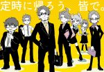  3girls 4boys ahoge beard belt business_casual business_suit commentary_request dress_shirt facial_hair formal glasses jacket messy_hair multiple_boys multiple_girls nana_(raiupika) necktie original pants scarf shirt suit sweater tareme translation_request tray tsurime 