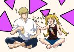  1boy 1girl 71 amaama_to_inazuma beer_can blonde_hair can closed_eyes eating fang food holding holding_can holding_food indian_style kojika_shinobu sanpaku shirt shorts sitting slapping sweatdrop t-shirt tank_top translated tsurime twintails yagi_yuusuke 