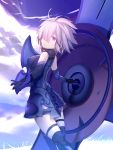  1girl armor armored_dress black_legwear breasts erect_nipples eyebrows_visible_through_hair fate/grand_order fate_(series) hair_over_one_eye highres holding_shield looking_at_viewer looking_back medium_breasts monkey parted_lips pink_hair shield shielder_(fate/grand_order) short_hair solo standing thigh-highs violet_eyes 