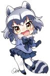  &gt;:d :d animal_ears black_footwear black_gloves black_hair black_ribbon black_shoes black_skirt blue_shirt blush blush_stickers brown_eyes chibi common_raccoon_(kemono_friends) extra_ears eyebrows_visible_through_hair eyelashes fang full_body fur_collar gloves grey_gloves grey_hair grey_legwear hands_up kemono_friends loafers looking_at_viewer miojun_nono multicolored multicolored_clothes multicolored_gloves multicolored_hair neck_ribbon no_nose nose_blush open_mouth pantyhose pigeon-toed pleated_skirt puffy_short_sleeves puffy_sleeves raccoon_ears raccoon_tail ribbon shirt shoes short_hair short_sleeves signature skirt smile socks socks_over_pantyhose standing standing_on_one_leg striped_tail tail tsurime white_background 