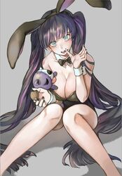  1girl animal_ears bare_legs bare_shoulders black_hair black_nails black_ribbon blue_eyes breasts bunnysuit cleavage commentary cuffs detached_collar fake_animal_ears food food_on_face hairband holding holding_food knees_together_feet_apart large_breasts long_hair looking_at_viewer multicolored_hair nail_polish open_mouth panty_&amp;_stocking_with_garterbelt purple_hair rabbit_ears ribbon sitting solo stocking_(psg) stuffed_toy twintails two-tone_hair very_long_hair wrist_cuffs 