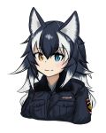  1girl animal_ears black_hair blue_eyes blush breasts fang_out fur_collar grey_wolf_(kemono_friends) heterochromia jacket kemono_friends long_hair long_sleeves looking_at_viewer multicolored_hair police russian simple_background solo two-tone_hair white_background wolf_ears yellow_eyes 