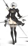  1girl black_boots black_dress black_hairband blindfold boots breasts cleavage cleavage_cutout dress full_body hairband highres holding holding_sword holding_weapon leotard long_sleeves mole mole_under_mouth nier_(series) nier_automata rei_kun short_hair smile solo standing sword thigh-highs thigh_boots thighhighs_under_boots weapon white_hair white_leotard yorha_no._2_type_b 