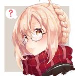  1girl ? ahoge black-framed_eyewear blonde_hair blush braid brown_background close-up commentary_request crown_braid expressionless face fate_(series) glasses hair_between_eyes heroine_x heroine_x_(alter) highres lips mao_ge parted_lips plaid plaid_scarf red_scarf saber scarf semi-rimless_glasses short_hair simple_background solo speech_bubble spoken_question_mark tareme under-rim_glasses upper_body yellow_eyes 